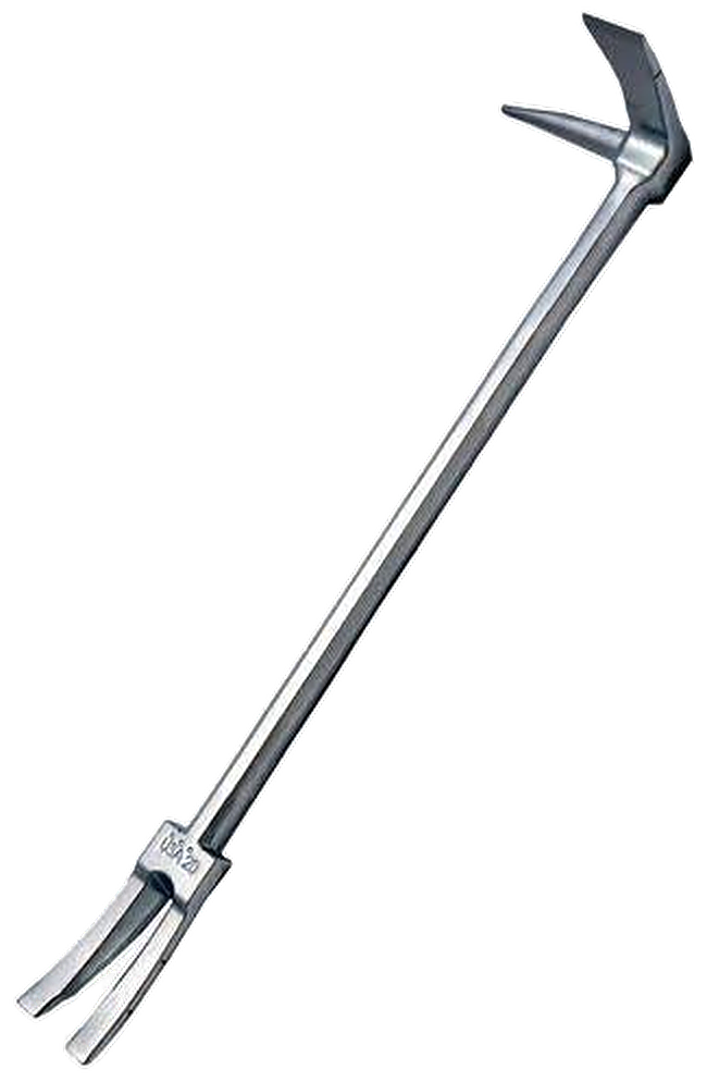Halligan bar: adz blade and pick on one end, fork on the other